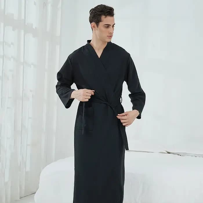 Gaufre femmes peignoir automne hiver solide col en V dames robe de chambre coton poches à manches longues Kimono avec ceintures pour femme