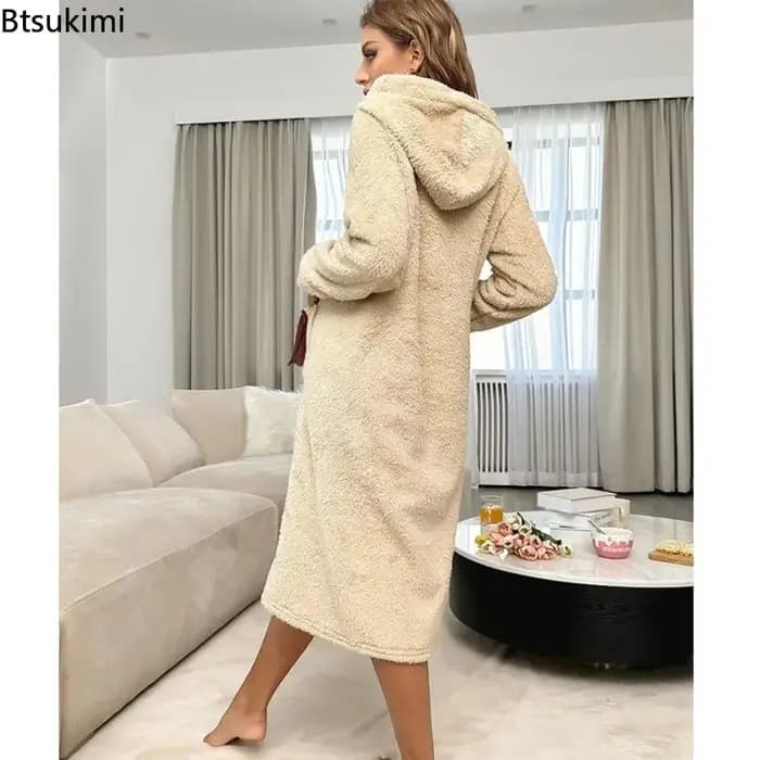 Femmes Robe Robe boutons nœud poches hiver chaud flanelle à capuche peignoir pour hôtel Spa fête ample et confortable maison peignoirs