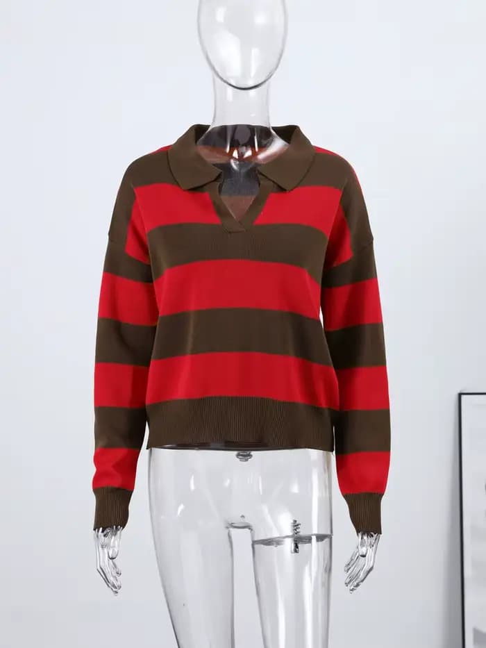 Tricoté côtelé col Polo pull femmes décontracté revers à manches longues coupe ample automne hiver t
