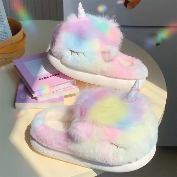 Mignon licorne hiver nouvelles femmes pantoufle talon souple plate-forme fourrure chaud intérieur confortable maison