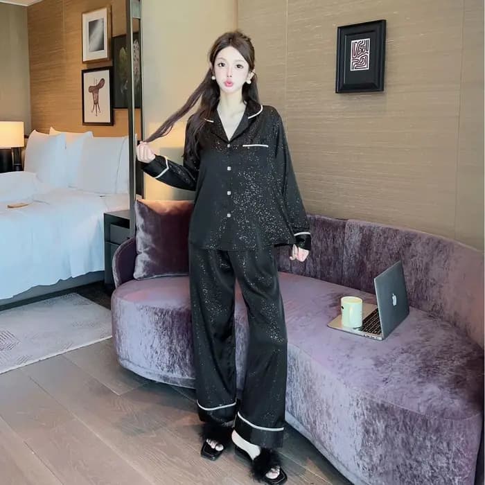 Chemise et pantalon à revers noir 2 pièces Pyjamas vêtements de maison femmes rayonne
