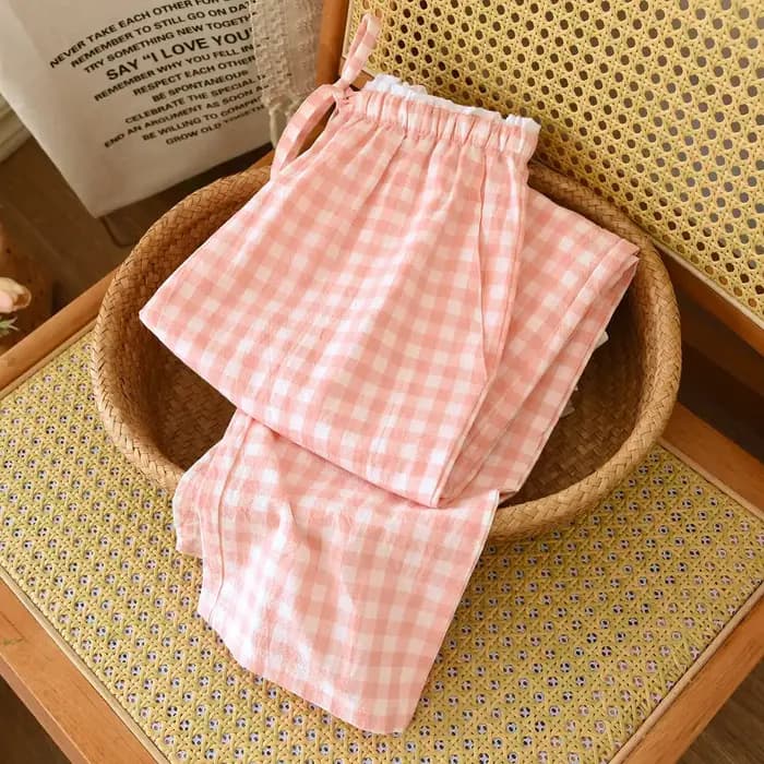 2026 nouveaux vêtements de nuit pour femmes 100% coton gaze dentelle pantalons à carreaux japonais minimaliste maison