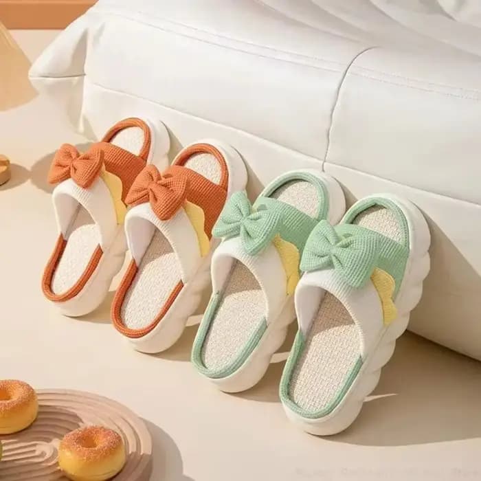 1 paire antidérapant nœud papillon femme lin pantoufles semelle épaisse orteil et trou nœud