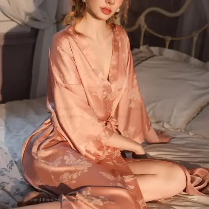 Luxe Jacquard longue Robe chemise de nuit femmes demi manches Kimono peignoir