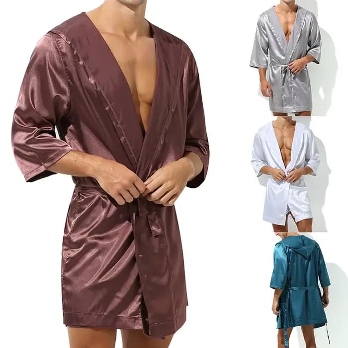 Vente chaude hommes été peignoir mâle soie à manches courtes Robe de bain Sexy
