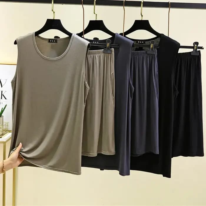 Adulte hommes pyjamas ensemble grande taille vêtements de nuit haut sans manches pantalon costume Modal confort maison