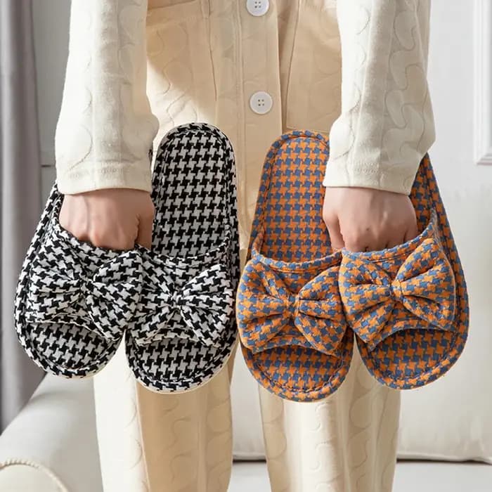 Pantoufles plates pour femmes en chanvre à carreaux