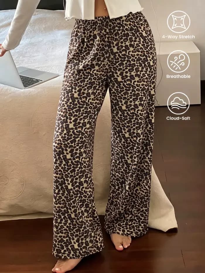 Pantalon de pyjama pour femme motif léopard brun en tricot doux avec taille élastique et élasthanne pour confort maison printemps