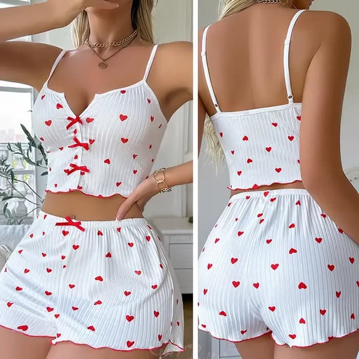 Vêtements de nuit femmes pyjamas ensemble coeur imprimé tissu côtelé doux avec glamour volants garniture décontracté