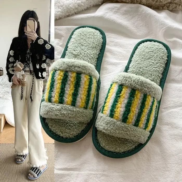 Belles rayures en peluche pantoufles chaudes Patchwork antidérapant hiver