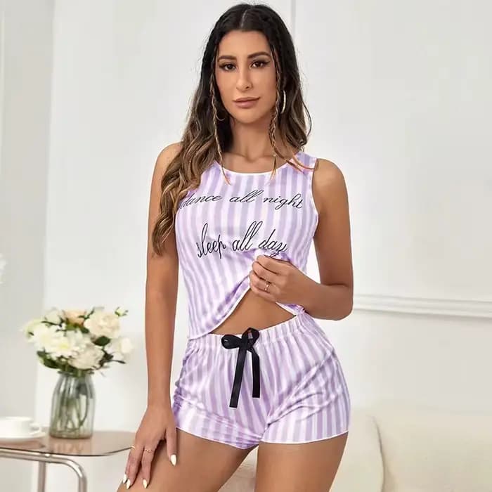Pyjamas pour femmes été rayure pyjama imprimé Faux coton col rond