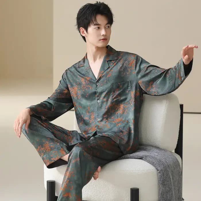 Hommes Pyjamas ensemble glace soie Satin automne à manches longues mode impression