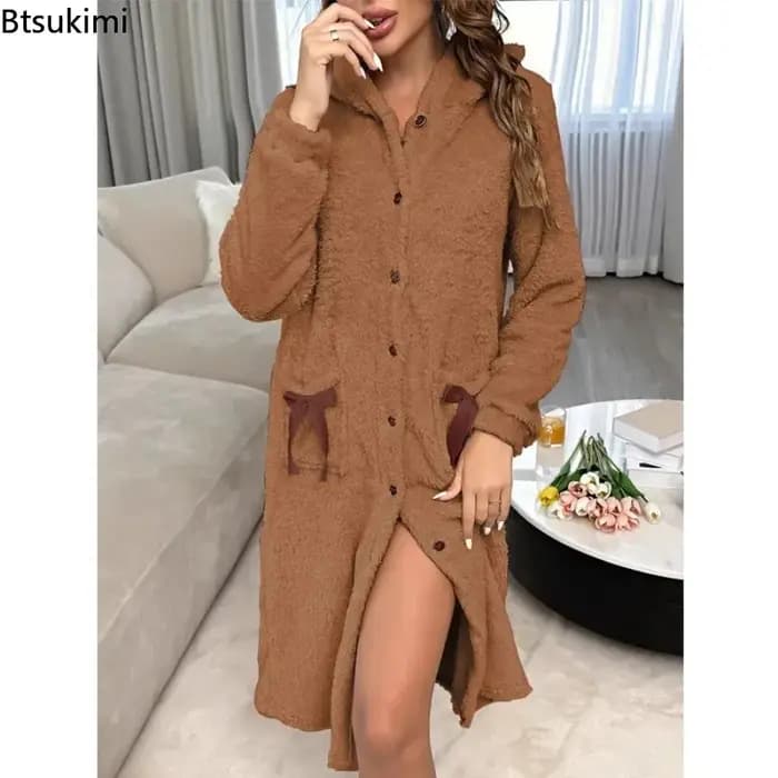 Femmes Robe Robe boutons nœud poches hiver chaud flanelle à capuche peignoir pour hôtel Spa fête ample et confortable maison peignoirs