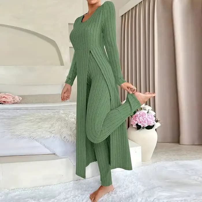 Ensemble de tenues décontractées pour femmes, vêtements de maison, couleur unie, côtelé, manches longues, col rond, ourlet fendu, haut et pantalon, ensemble 2 pièces, automne et hiver