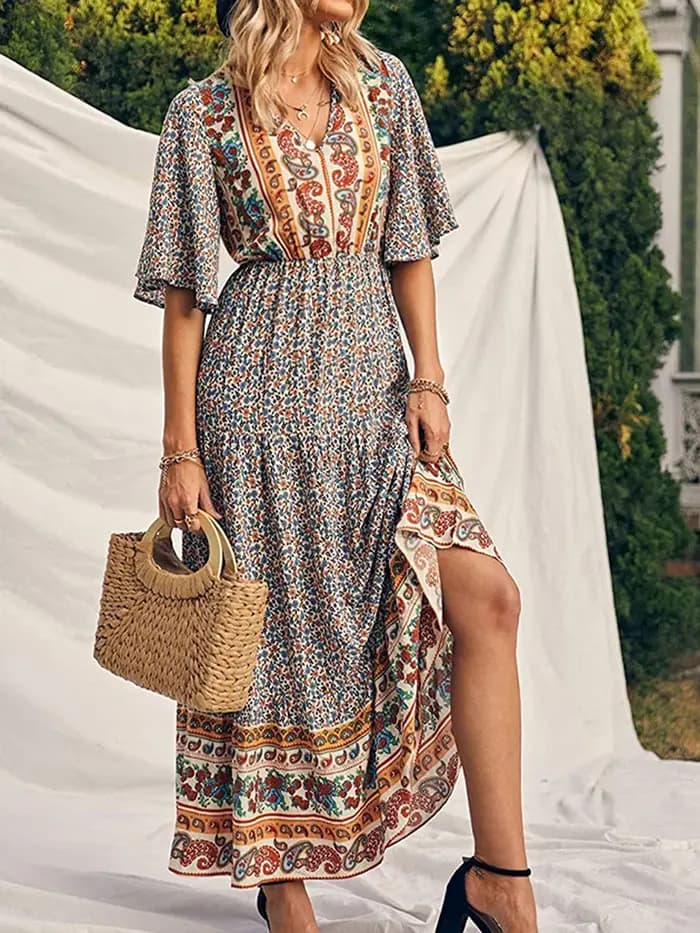 Robe longue décontractée à manches courtes et col en V pour femmes