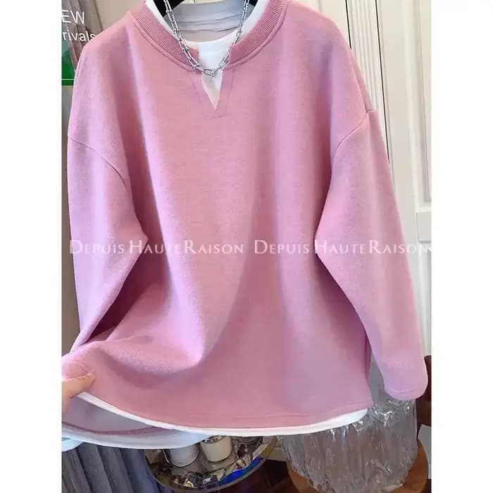 Femmes surdimensionnées vêtements mode coréenne Patchwork col rond faux deux pièces femme tout-match ample à manches
