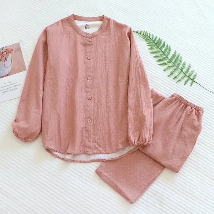 Pyjama en gaze de coton teint à pois pour femmes, ensemble de nuit Simple et décontracté à manches l