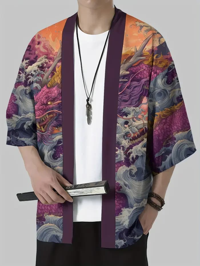 Kimono japonais pour homme 2026 – Robe Yukata traditionnelle japonaise à motifs culturels en relief – Vêtement