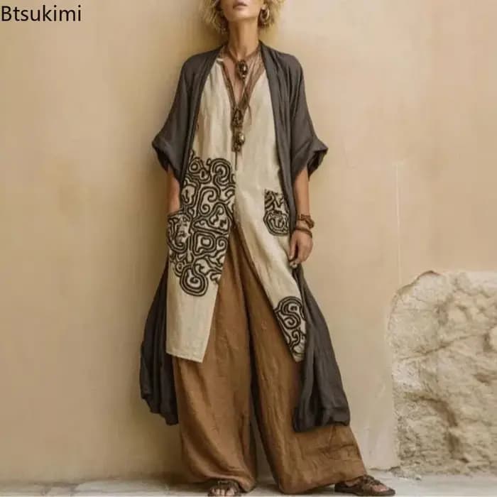 Ensembles Robes Printemps-Été pour Femmes : Kimono Bohème Ouvert sur le Devant