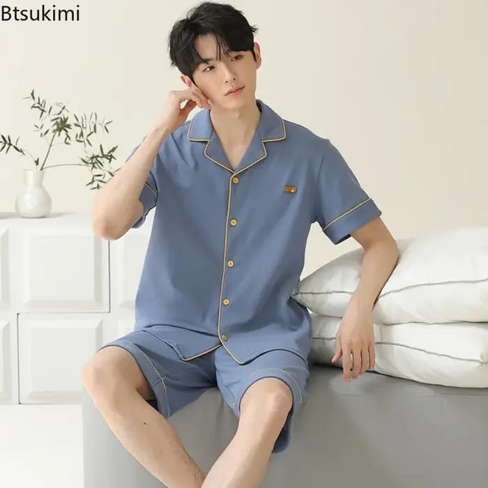 Pyjama pour hommes printemps automne à manches longues revers boutonné Cardigan pantalon deux pièces ample décontracté