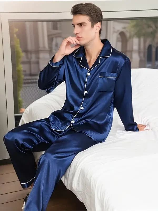 Hommes pyjama ensembles vêtements de nuit en microfibre pour dormir homme chemise Satin à manches longues