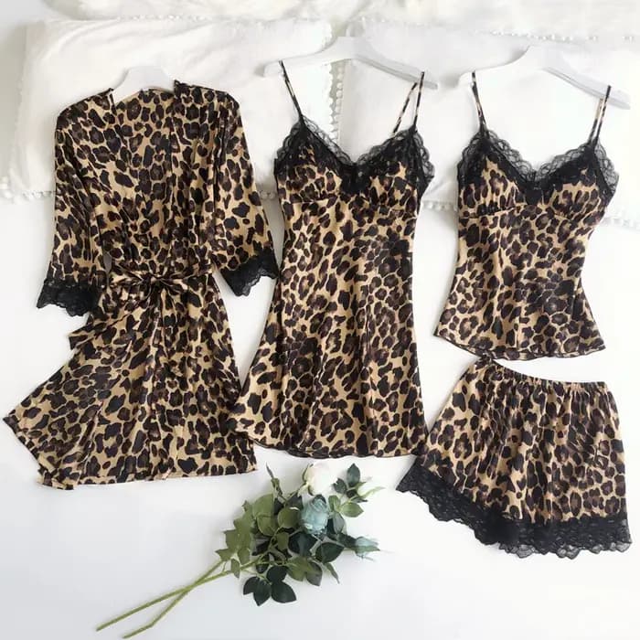 Imprimé léopard 4 pièces ensemble de sommeil Pyjamas femme ample Satin