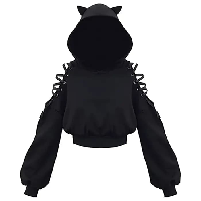 Y2k gothique femmes à capuche chat oreille haut court sweat à capuche évider à lacets à manches long