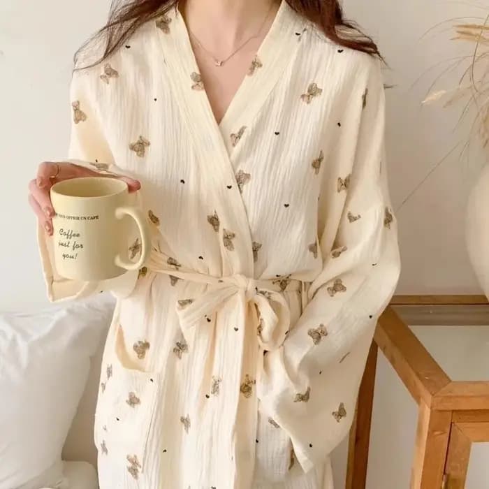 Robe de nuit femme printemps et automne nouveau Style japonais Ins mignon peignoir ours à manches longues décontracté