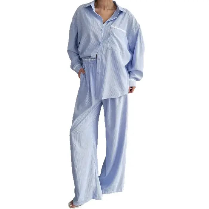 Rayé vêtements de nuit pour femmes 2 pièces costume à manches longues chemise