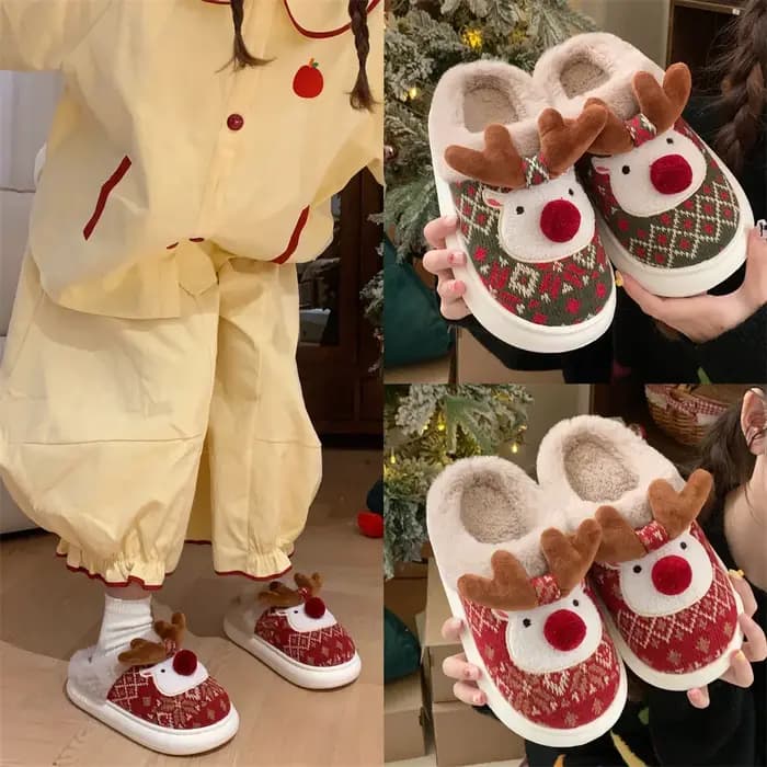 Pantoufles chaudes et moelleuses en forme de cerf de noël pour femmes