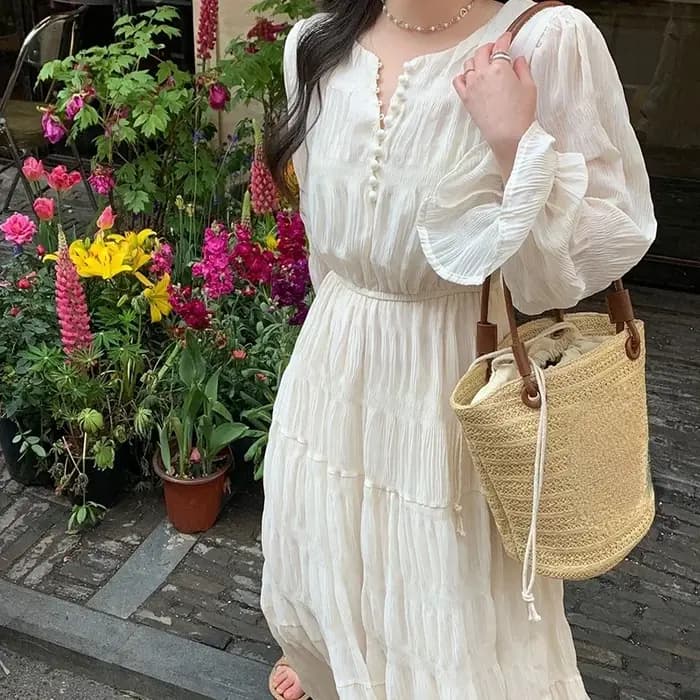 Robe longue plissée à manches évasées pour femmes