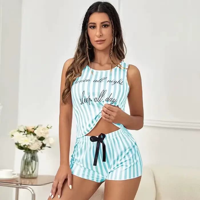 Pyjamas pour femmes été rayure pyjama imprimé Faux coton col rond