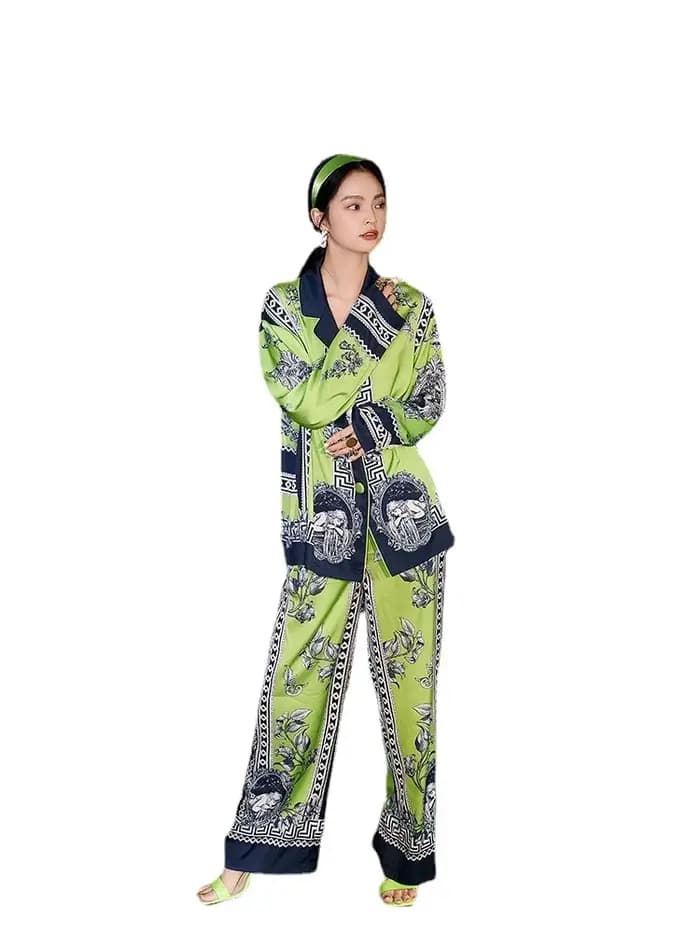Style Boho femmes vert pyjama ensemble soie été dames Homewear peut être porté à l'extérieur de luxe Satin confortable