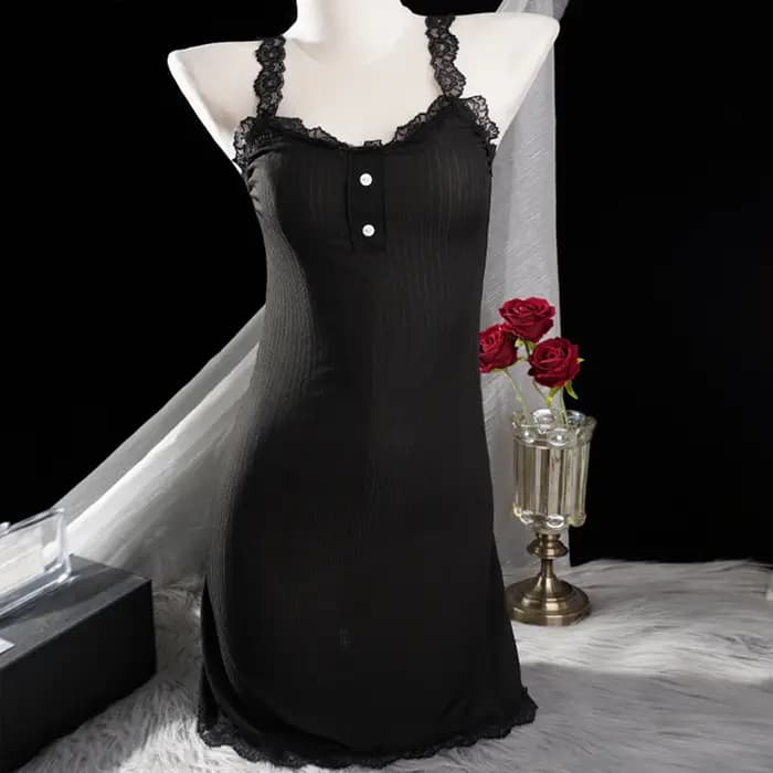 Chemise de nuit côtelée pour femme avec dentelle