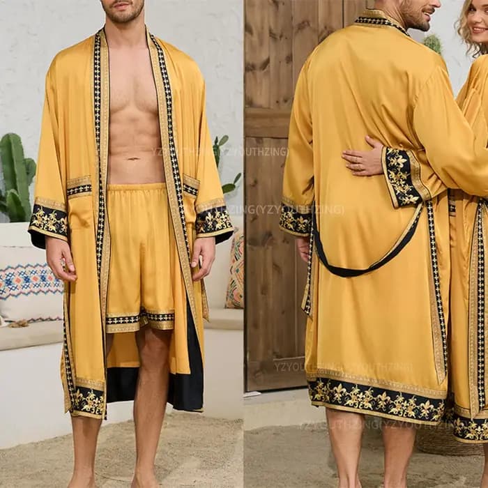 Hommes Robe vêtements De nuit Style Baroque imprimé Kimono Satin Peignoire De Douche Homme Couple peignoir
