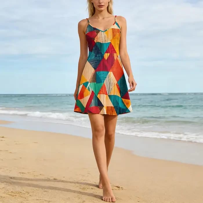 Robe à bretelles spaghetti à imprimé géométrique vintage pour femmes