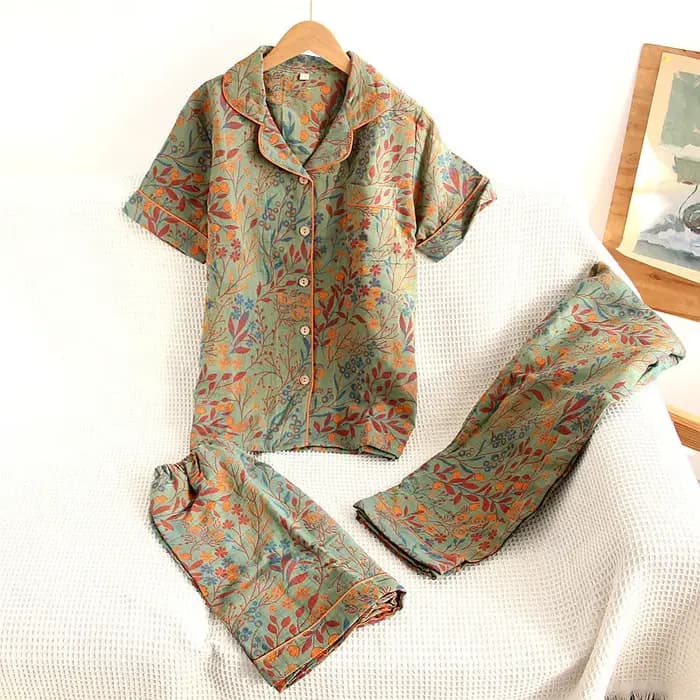 Ensemble de pyjama trois pièces en fil de coton jacquard pour femme