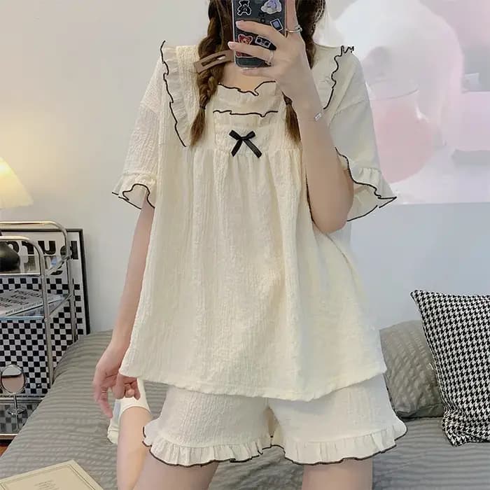 Pyjama d'été pour femmes : léger, manches courtes, couleur unie, respirant, minimaliste, grande taille, ensemble de vêtements de détente en tissu bulle