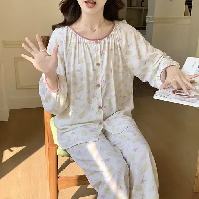 Pyjamas Femme nouvelle impression à manches longues pantalon ensemble élégant vêtements de nuit en coton femmes