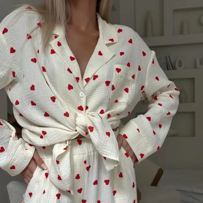 Nouveau 2026 amour coeur imprimé pyjama 100% coton à manches longues ensemble 2 pièces tenue revers