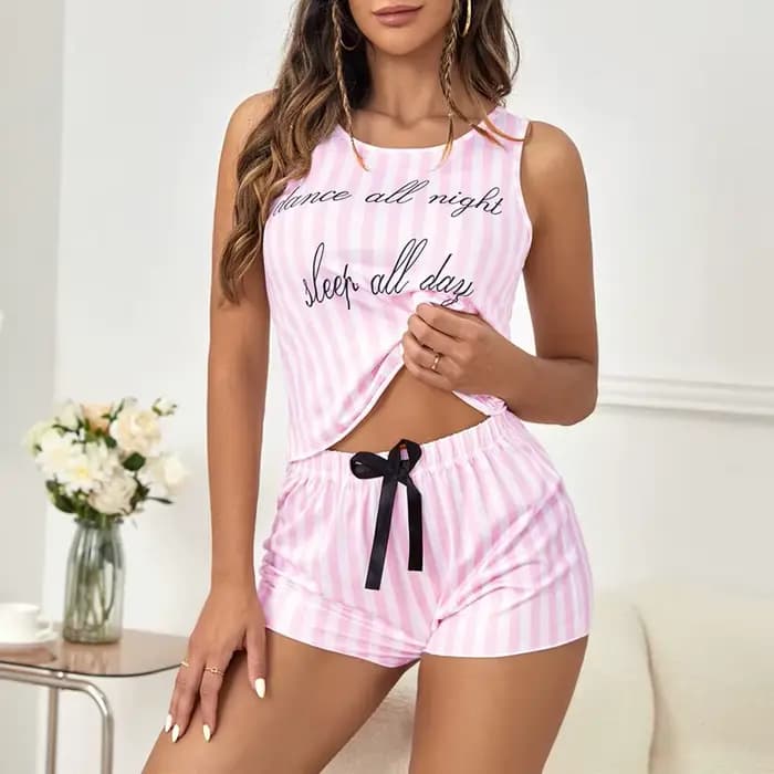 Pyjamas pour femmes été rayure pyjama imprimé Faux coton col rond