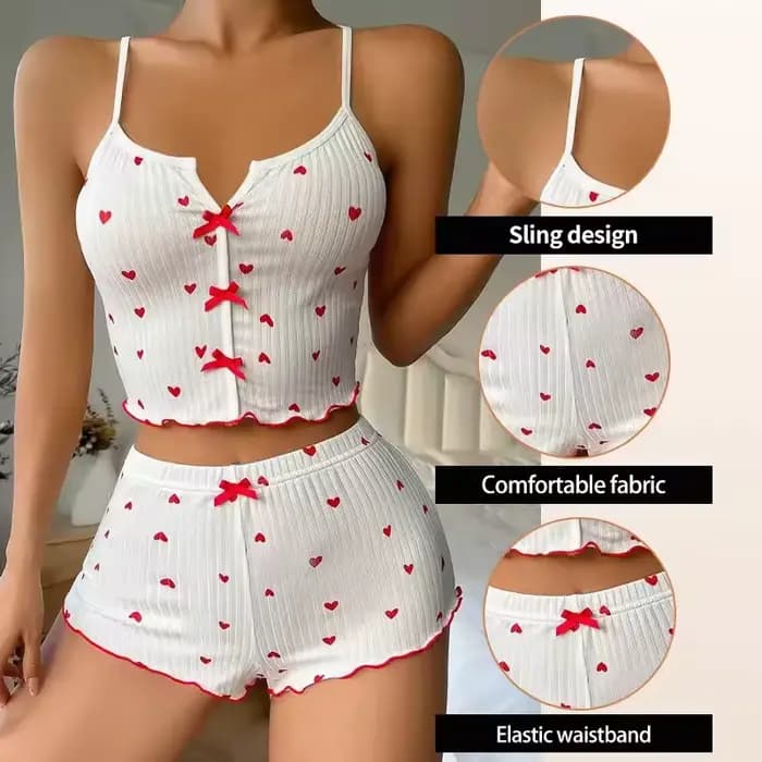 Vêtements de nuit femmes pyjamas ensemble coeur imprimé tissu côtelé doux avec glamour volants garniture décontracté