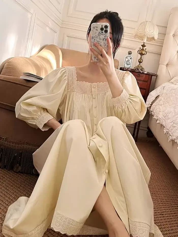 Femmes robe de nuit printemps automne pur coton à manches longues Peignoir romantique Vintage chemises