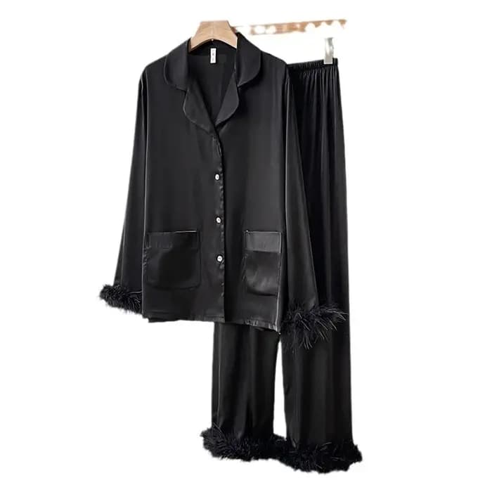 Pyjama de luxe en Satin soyeux avec plumes pour femme