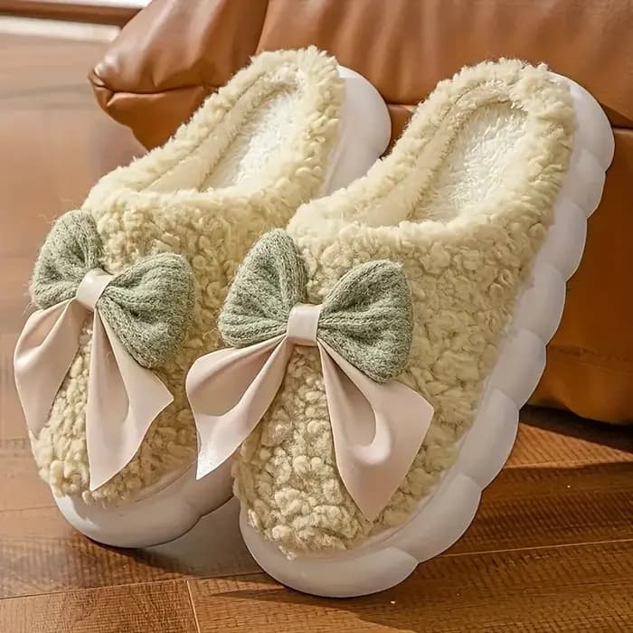 Pantoufles doublées de polaire avec nœud pour femmes, semelle souple, vêtements silencieux, confort