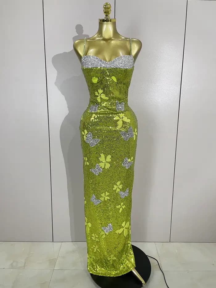 Élégant brillant papillon cristal Sexy licou vert moulante longue robe femmes célébrer soirée fête d'anniversaire