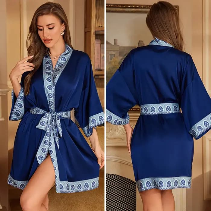 Robe de Nuit en Satin Bleu Marine à Imprimé Floral pour Femme, Kimono, Peignoir, Vêtement de Maison, Printemps et Été