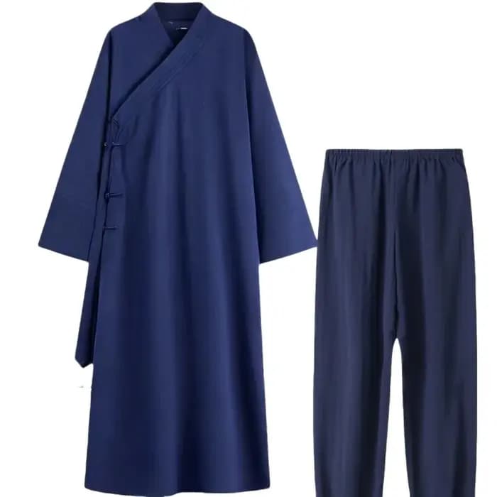 Ensemble de Robe Taoïste Traditionnelle Chinoise : Tunique Longue à Col Croisé avec Pantalon et Chapeau