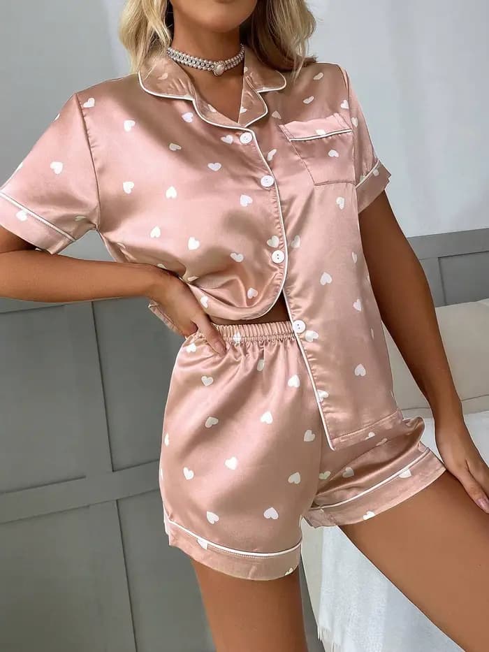 Ensemble pyjama en Satin imprimé cœur pour femmes