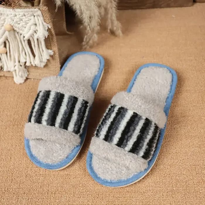 Belles rayures en peluche pantoufles chaudes Patchwork antidérapant hiver